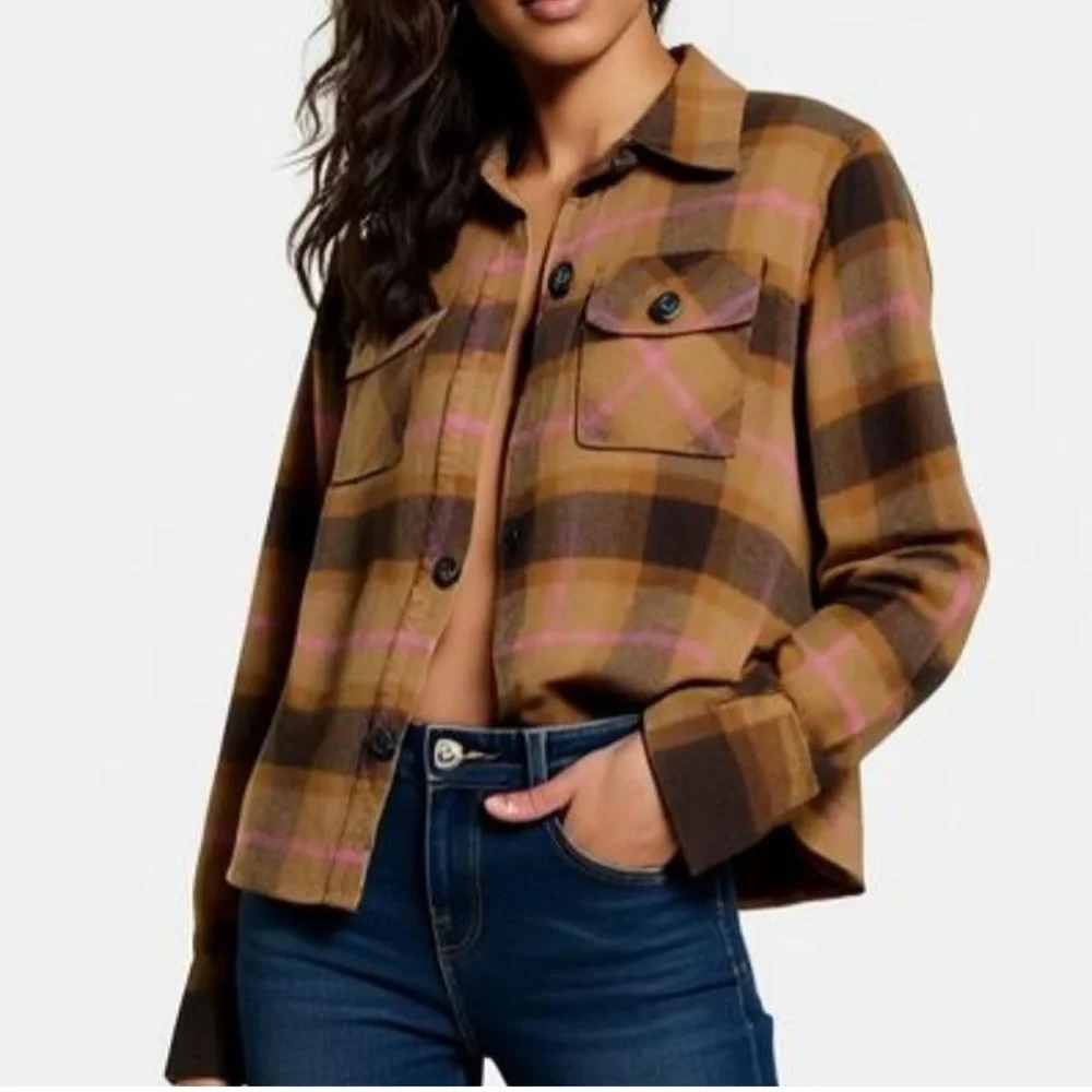 BB Dakota by Steve Madden Tan and Pink Plaid Utility Jacket - Picture 1 of 6